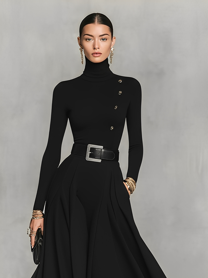 Women's Black Knit Elegant High Neck Button Detail Maxi Dress