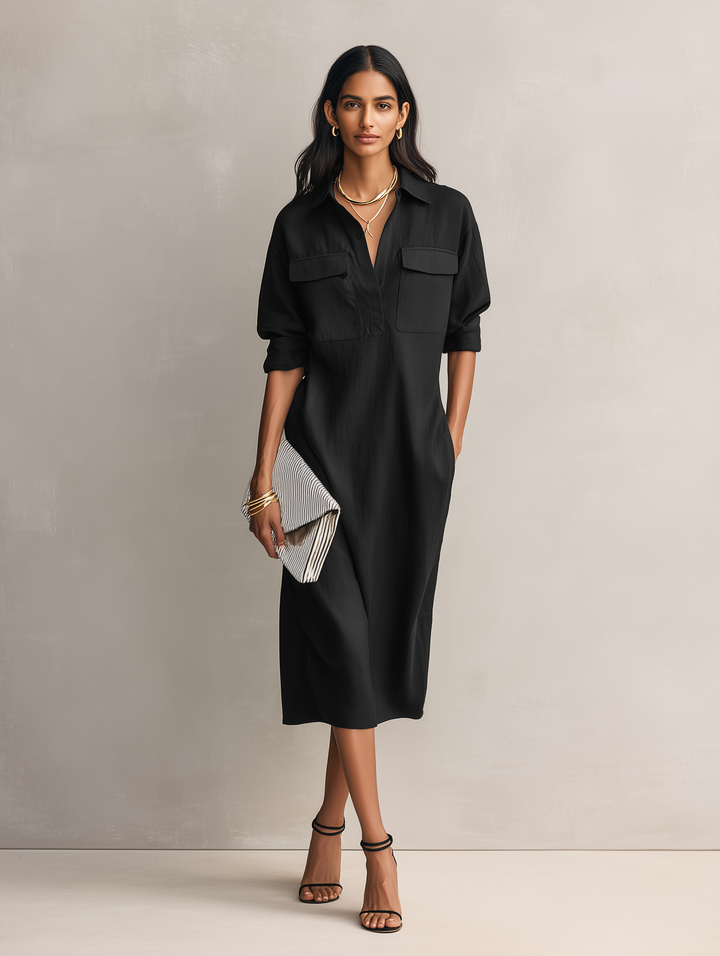 Women's Elegant Black Cotton-linen Blend Shirt Collar Short-sleeved Midi Dress