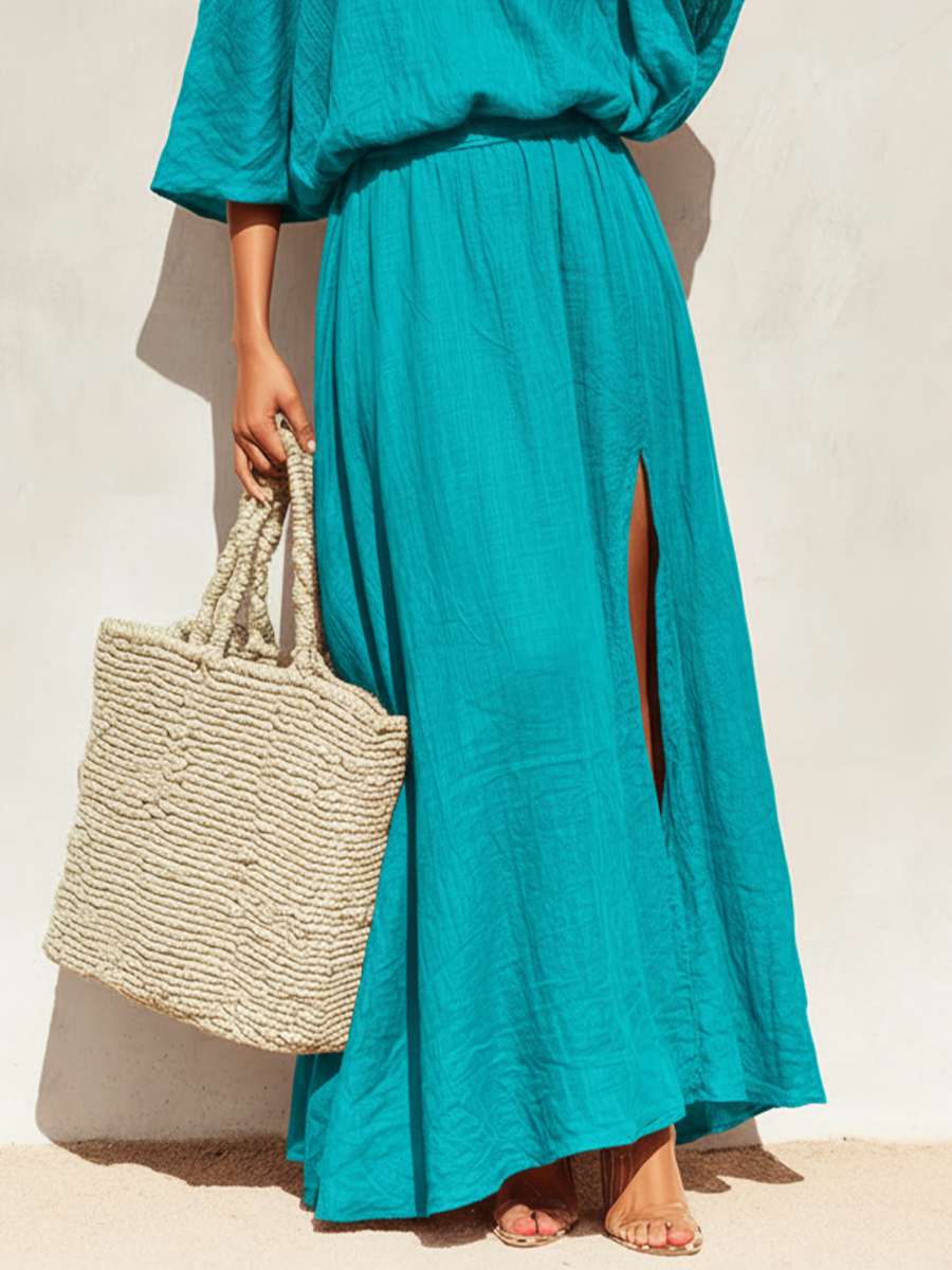 Women's Teal Linen Dress With Cold-Shoulder Sleeves & Side Slit, Timeless Boho-Resort Style Dress