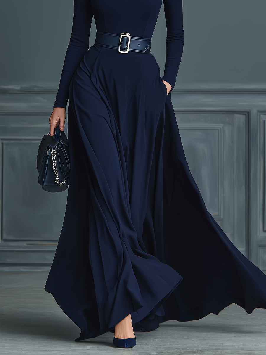 Women's Dark Blue Knitted High-neck Dress