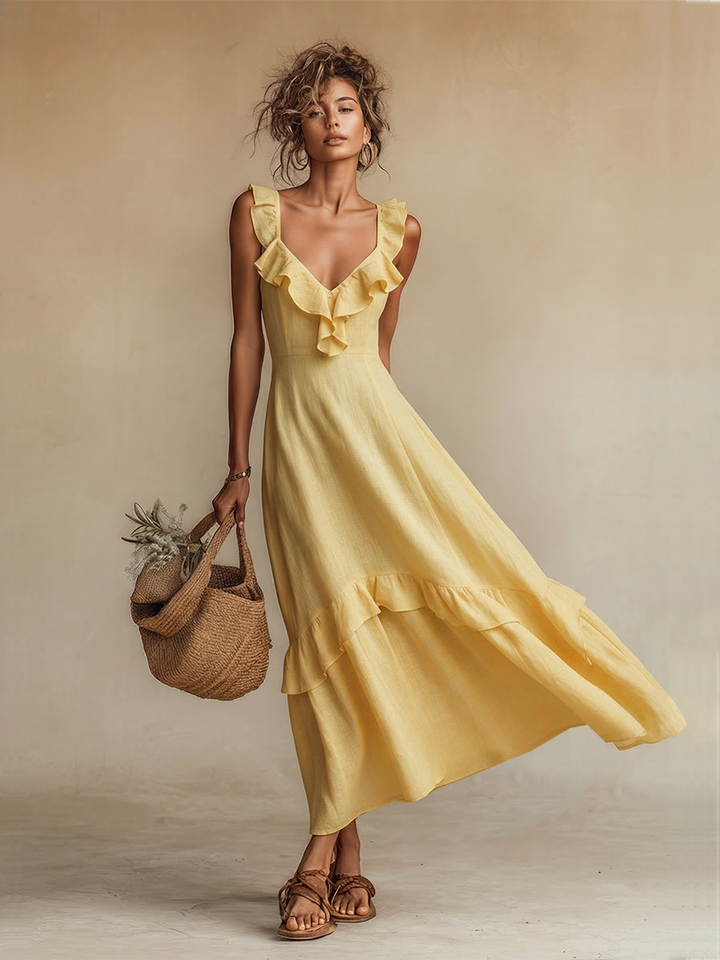 Women's Yellow Linen Dress With Ruffle V-Neck & Ruffled Hem, Timeless Boho-Resort Style Dress