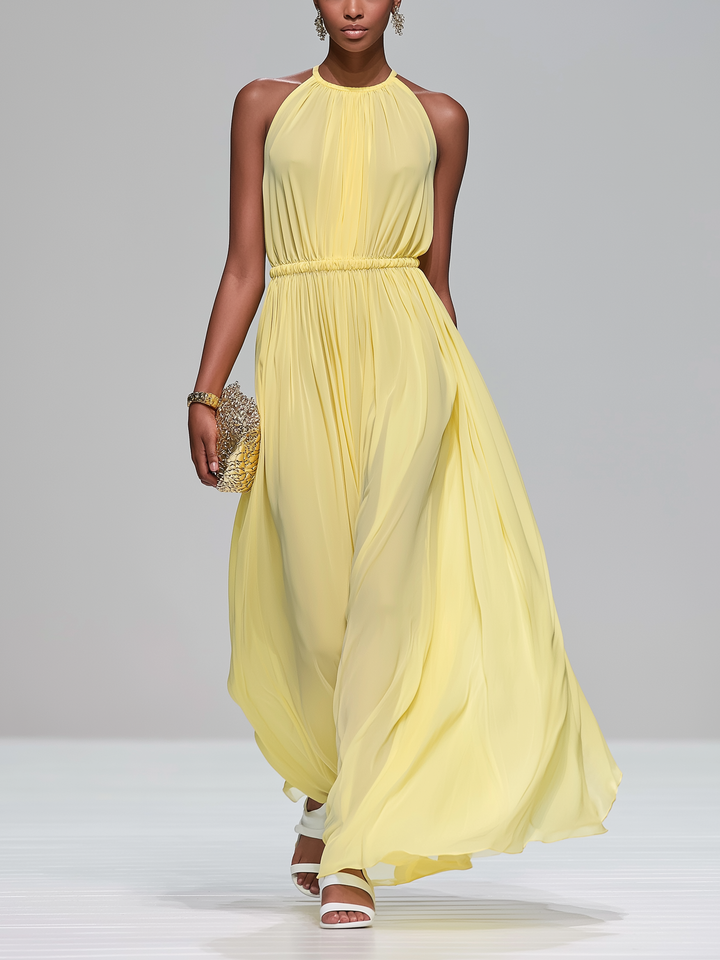 Elegant Light Yellow Chiffon Round Neck Sleeveless Long Dress For Women