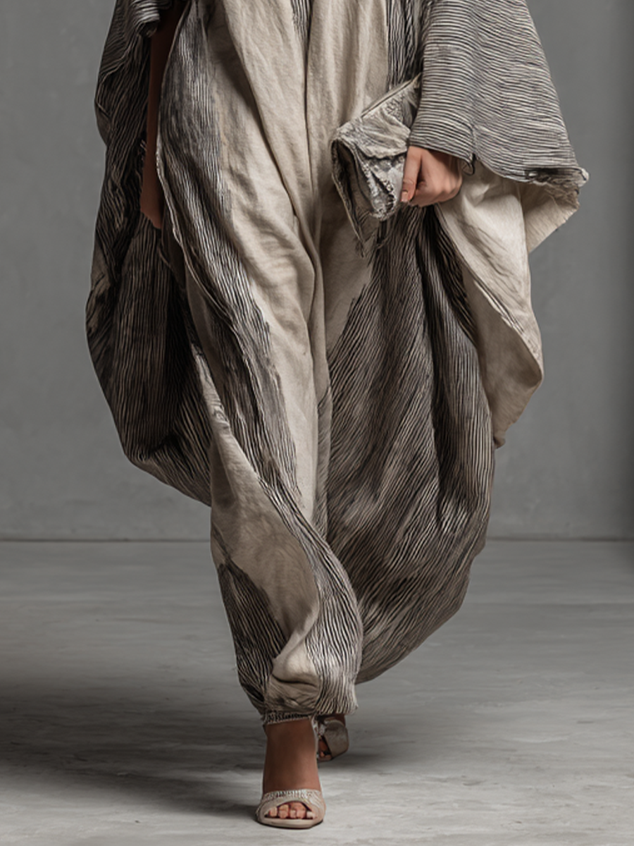 Women's Boho Striped V-Neck Cotton Linen Oversized Kaftan Maxi Dress
