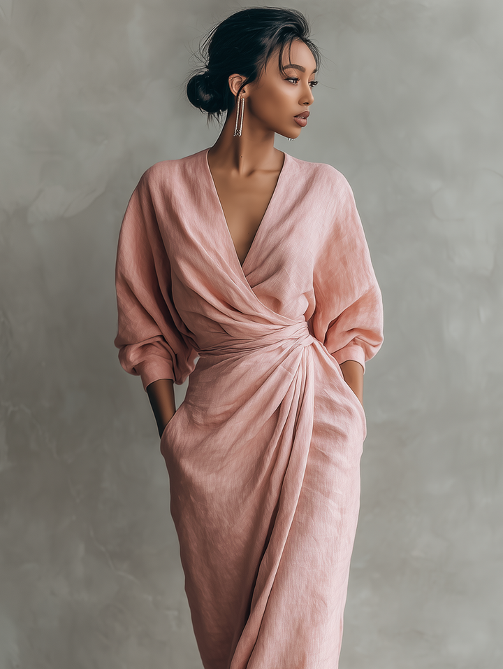 Women's Minimalist V-neck Linen Blend Maxi Dress