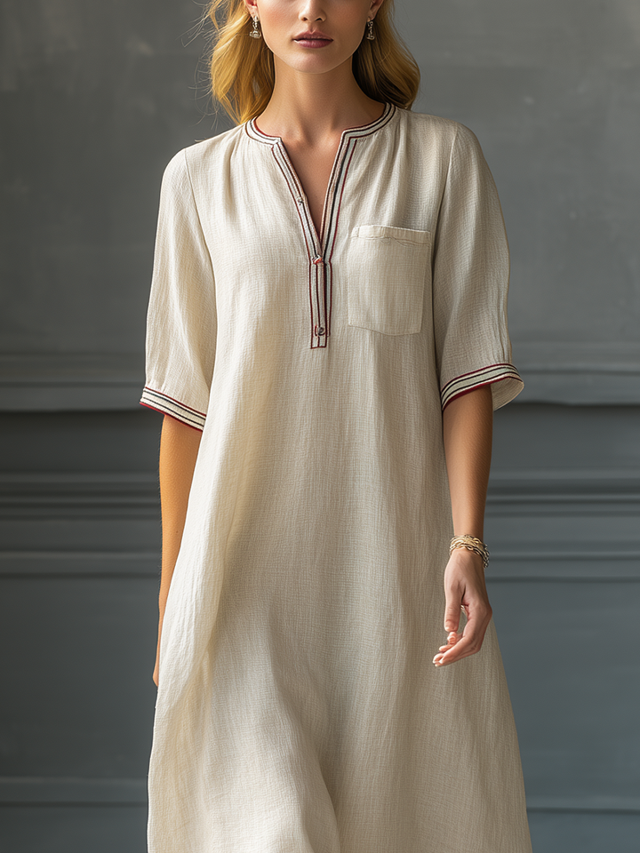 Women's Beige Linen Cotton Maxi Dress With Contrast Trim V-Neck & Ruffled Hem