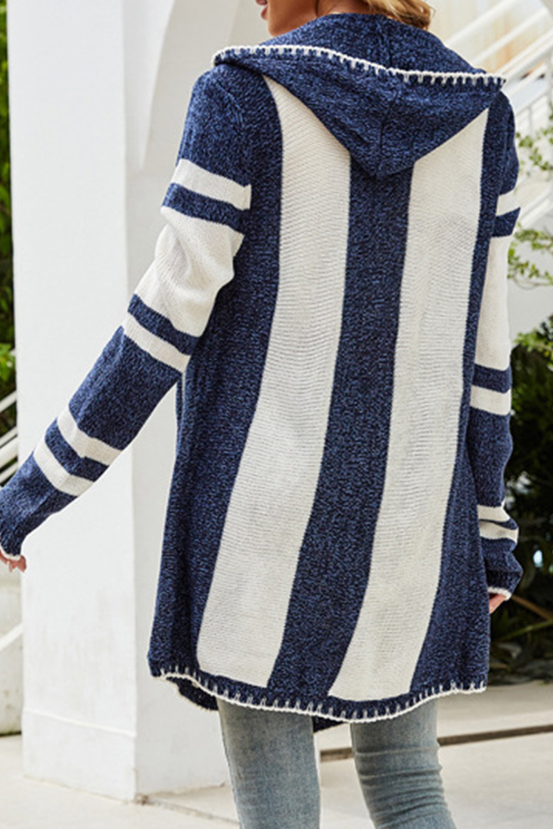 Greta - casual striped contrast hooded collar cardigans