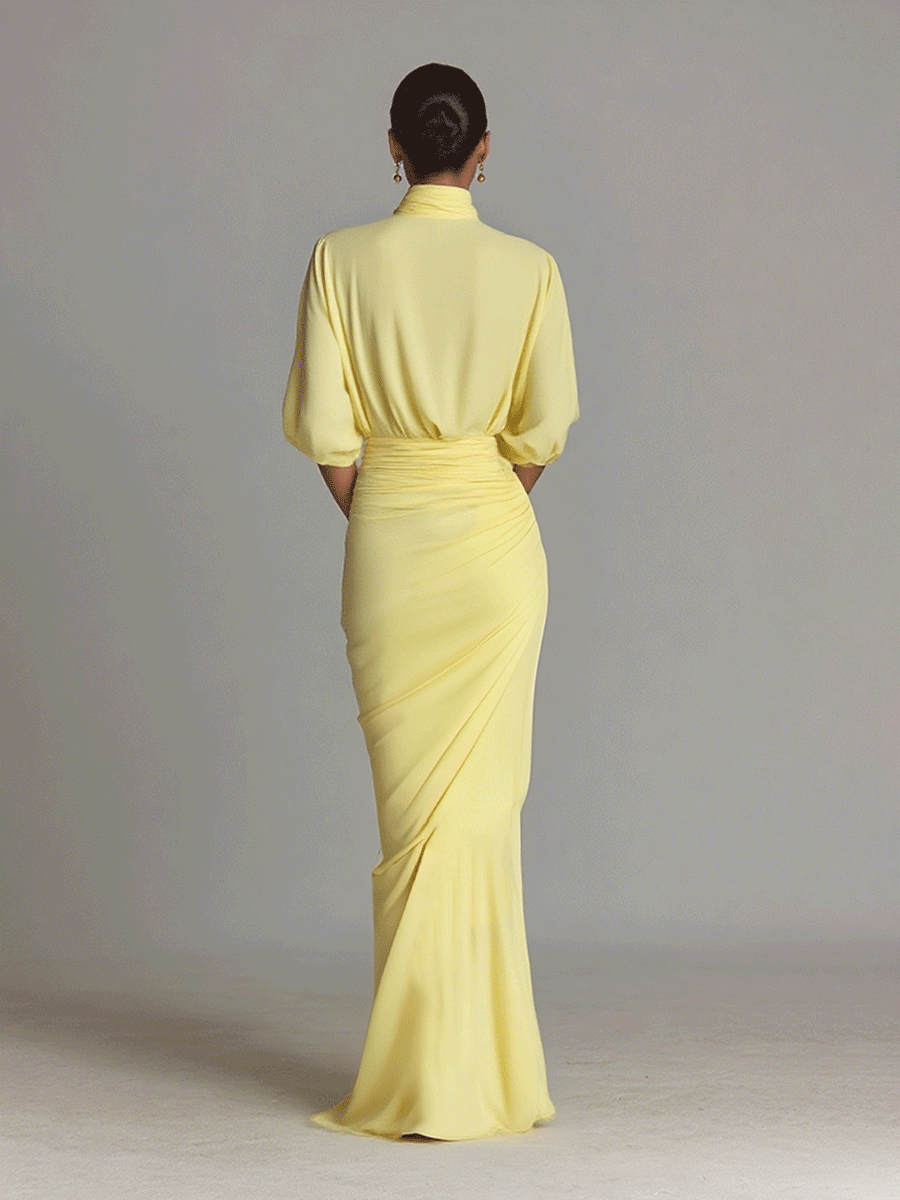 Women's Bright Yellow Drape Comfortable Blended Maxi Dress