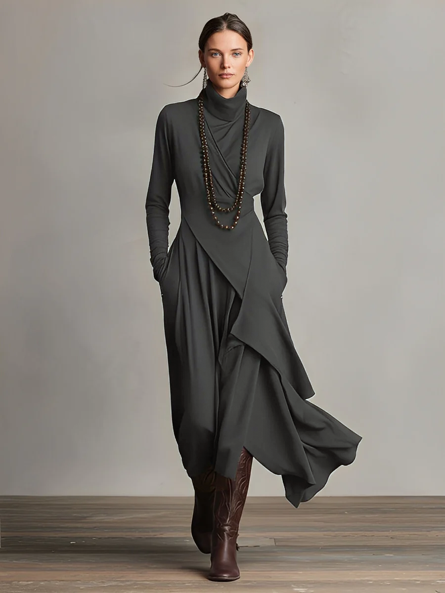 Women's Purple Bohemian Cotton Stretch Turtleneck Asymmetrical Draped Maxi Dress