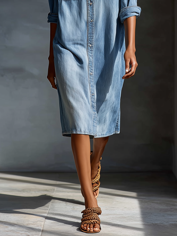 Women's Light Blue Denim Cold-Shoulder Shirt Dress With Chest Pockets