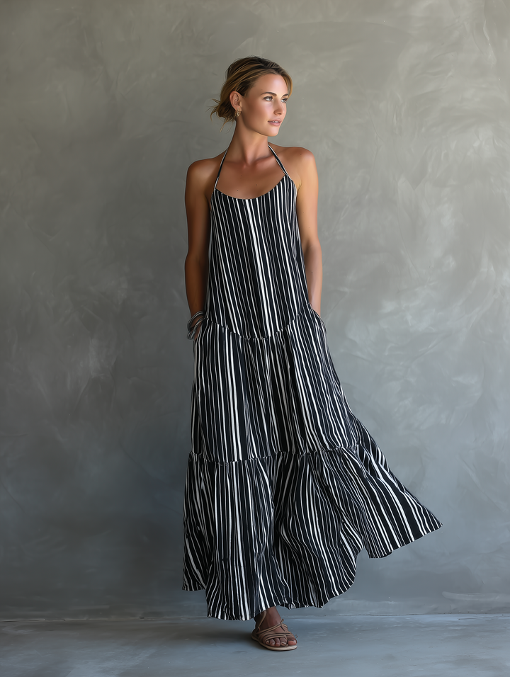 Women's Black And White Vacation Style Striped Maxi Dress With Halter Neckline & Tiered Skirt