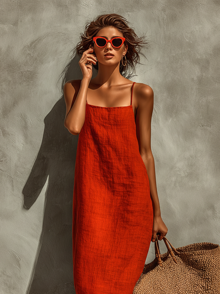 Women's Red Linen Dress With Spaghetti Straps & Square Neck, Timeless Boho-Resort Style Dress