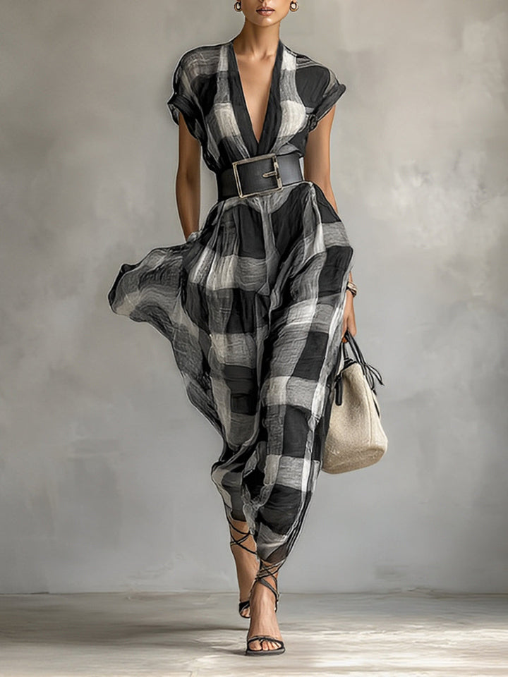 Women's Linen Blend Plaid V-neck Cap Sleeve Belt Maxi Dress