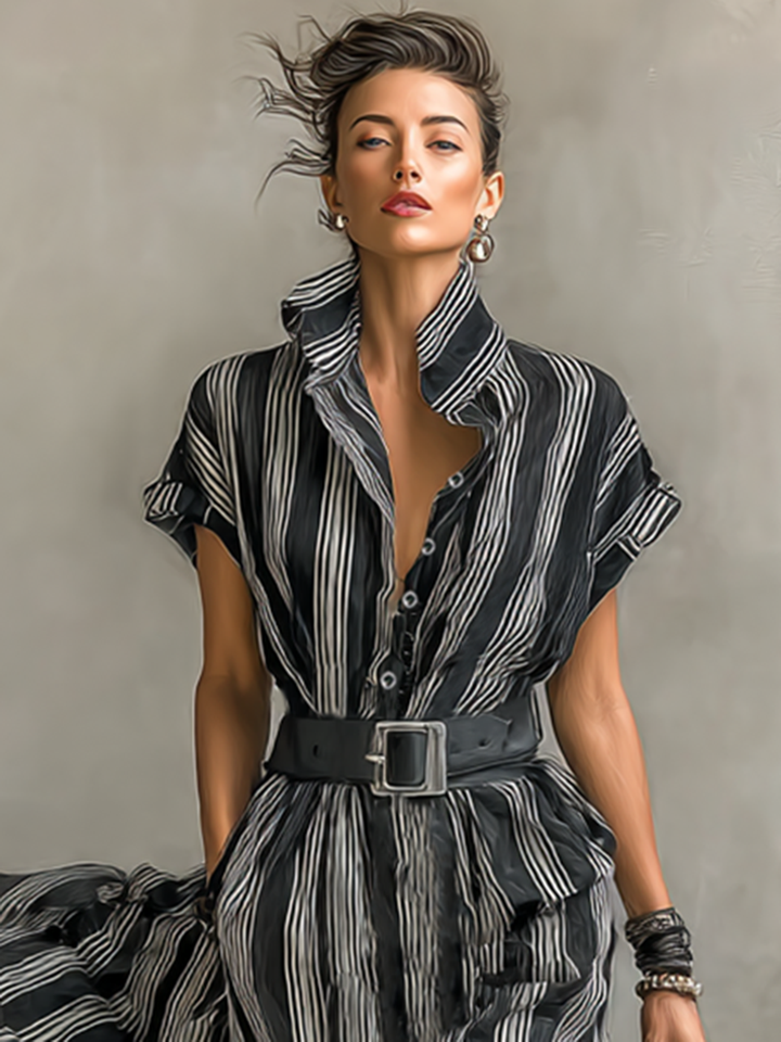 Women's Chiffon Striped Printed Lapel Short-sleeved Maxi Dress