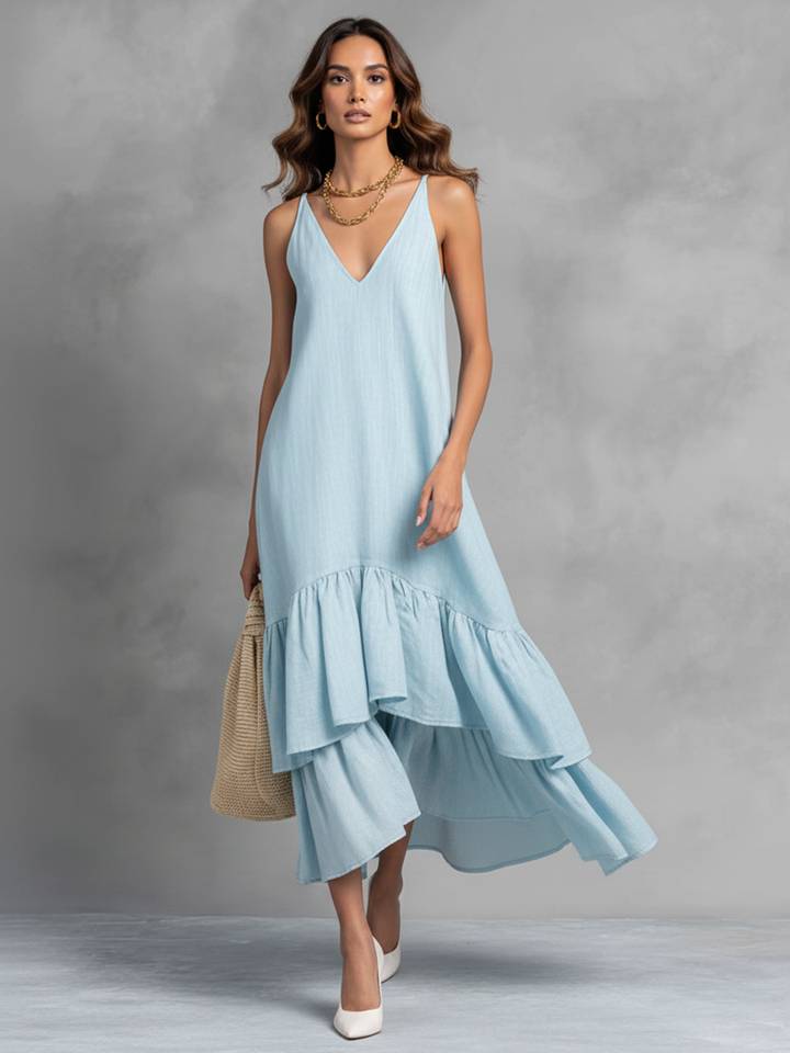 Women's Light Blue Cotton Linen Sleeveless V-Neck Ruffle Hem Maxi Dress