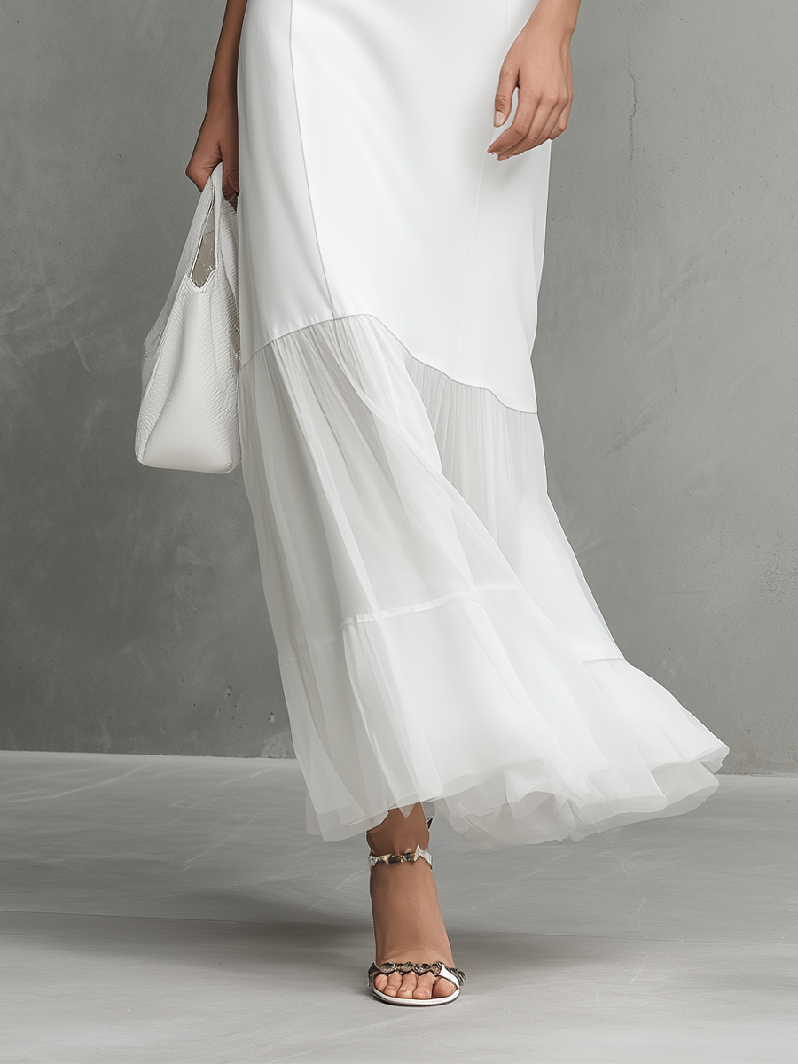 Elegant Women's White Sleeveless Dress With Milk Silk And Chiffon Paneling