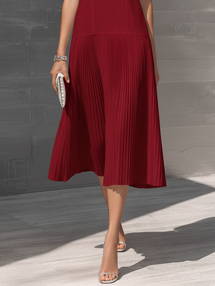 Women's Burgundy Sleeveless V-Neck Pleated Hem Midi Dress
