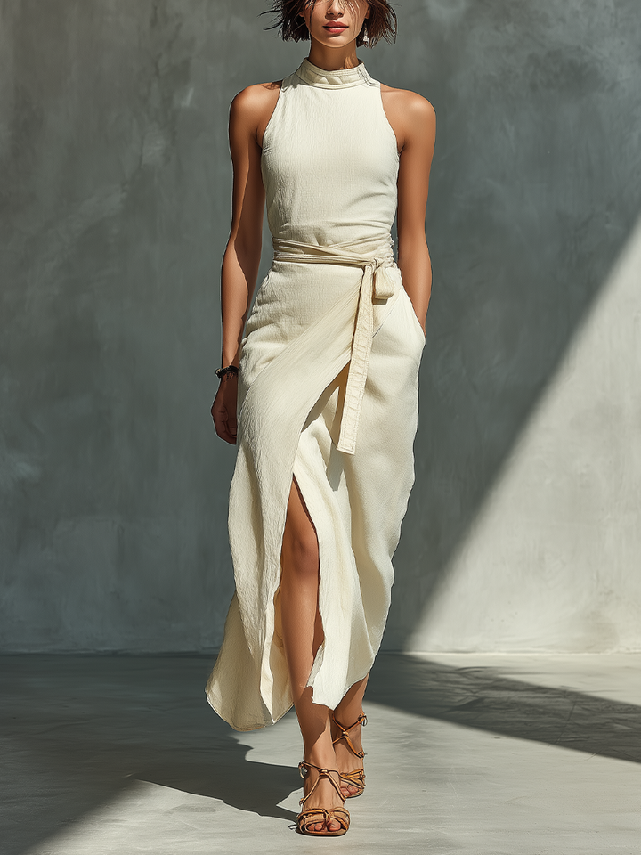 Women's Cream Halter Neck Midi Dress With Wrap Skirt & Tie-Waist Detail
