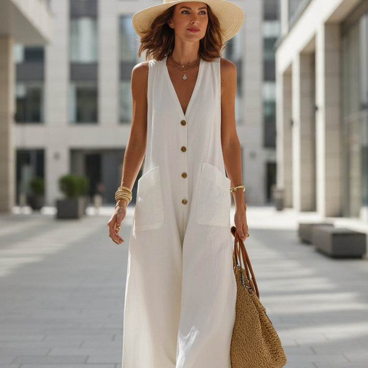 Women's Sleeveless Cotton-Linen Wide-Leg Jumpsuit – Button Pockets
