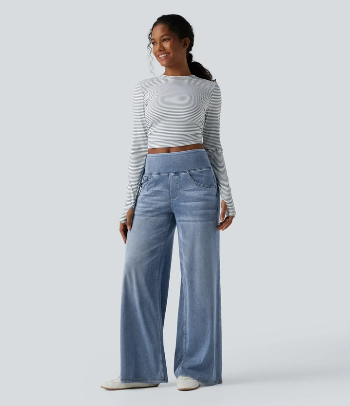 Velouré Flex™ Mid Rise Draped Washed Casual Baggy Wide Leg Jeans with Pockets