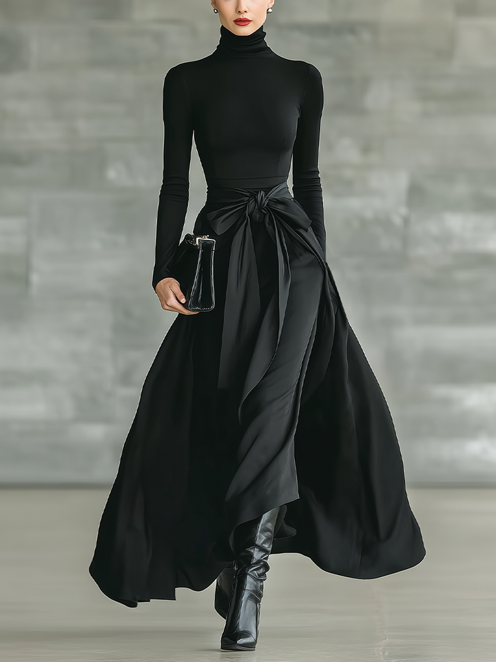 Women's Black High-Neck High-Stretch Knitted And Satin Flared Maxi Dress