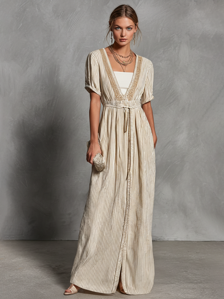 Women's Beige Striped Faux Two-Piece Short Sleeve V-Neck Maxi Dress