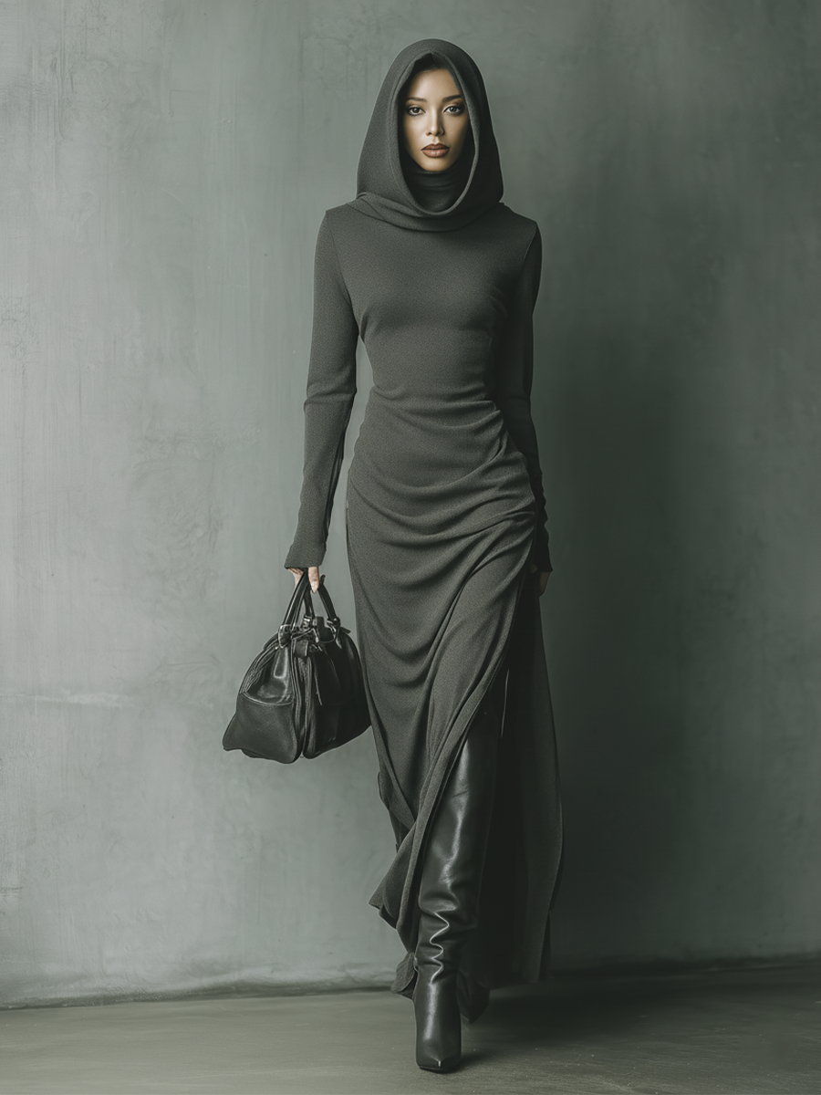Women's Dark Grey High Elastic Knitted Hooded Maxi Dress