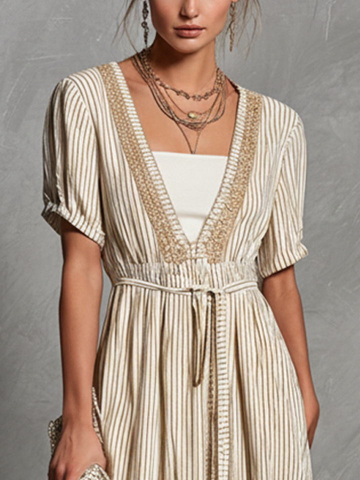 Women's Beige Striped Faux Two-Piece Short Sleeve V-Neck Maxi Dress