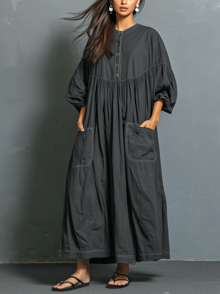 Women's Casual Dark Gray Woven Round Neck Mid-sleeve Loose Long Dress