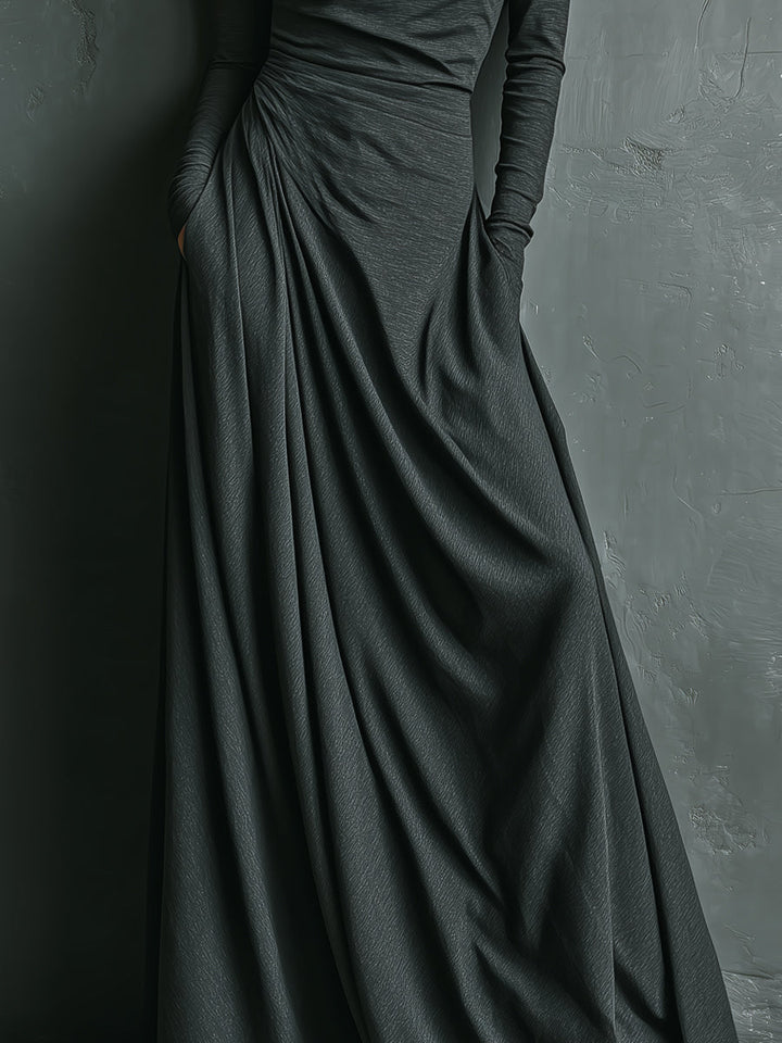 Women's Charcoal Elegant Stretch Polyester-Cotton Blend Turtleneck Draped Maxi Dress