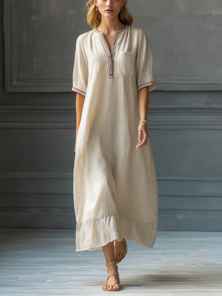 Women's Beige Linen Cotton Maxi Dress With Contrast Trim V-Neck & Ruffled Hem