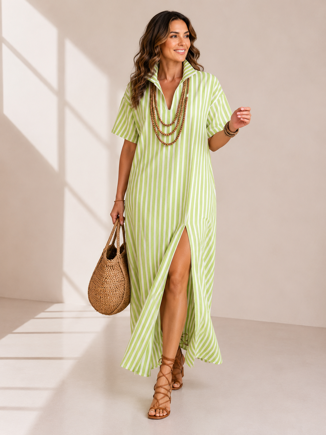 Women's Striped Slit Cotton-Linen Maxi Dress – V-Neck Short Sleeve