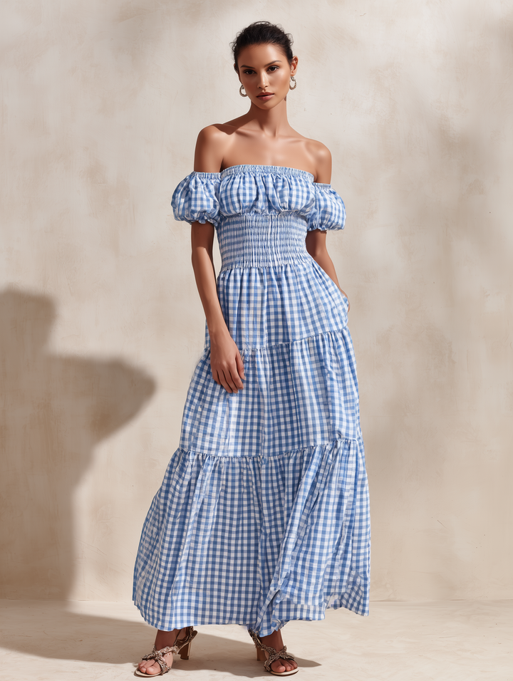 Women's Blue Gingham Off-the-Shoulder Maxi Dress With Puffed Sleeves & Tiered Skirt
