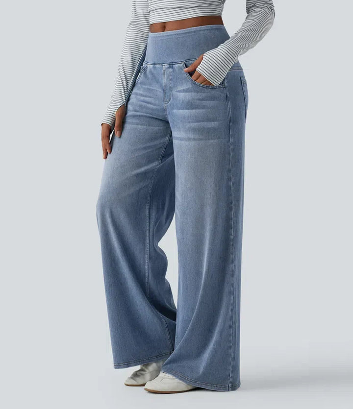Velouré Flex™ Mid Rise Draped Washed Casual Baggy Wide Leg Jeans with Pockets