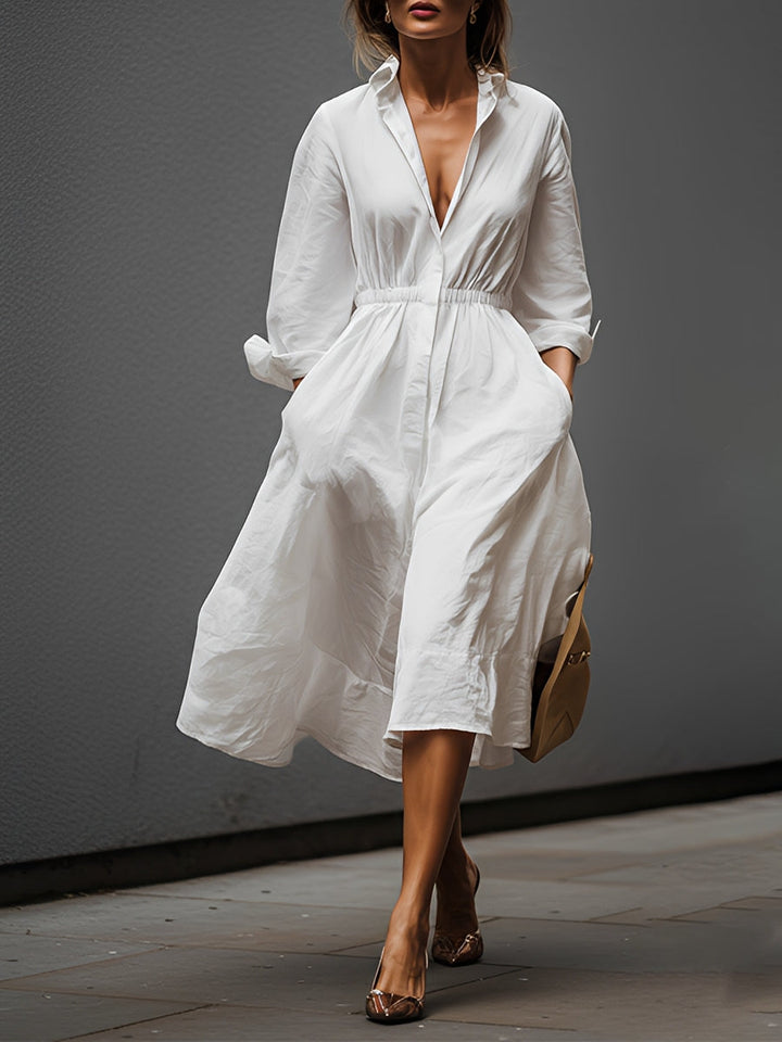 Women's White Linen Dress With Shirt Collar & Elastic Waist, Timeless Effortless-Chic Style Dress