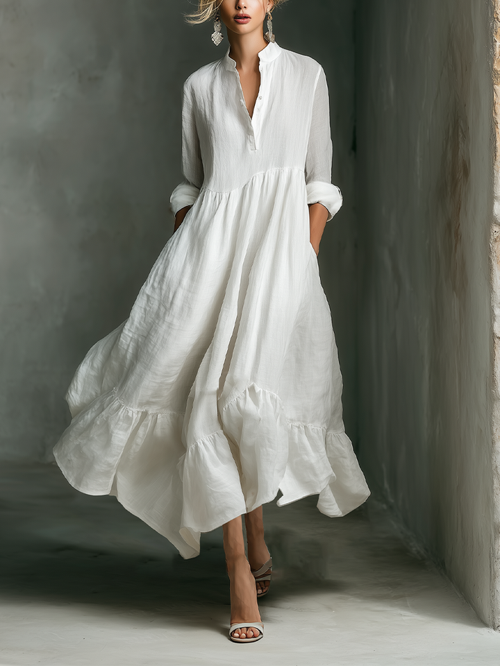 Women's White Long-sleeved Ruffled Maxi Dress