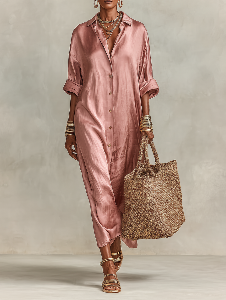 Women's Minimalist Faux Acetate Single-breasted Shirt Maxi Dress