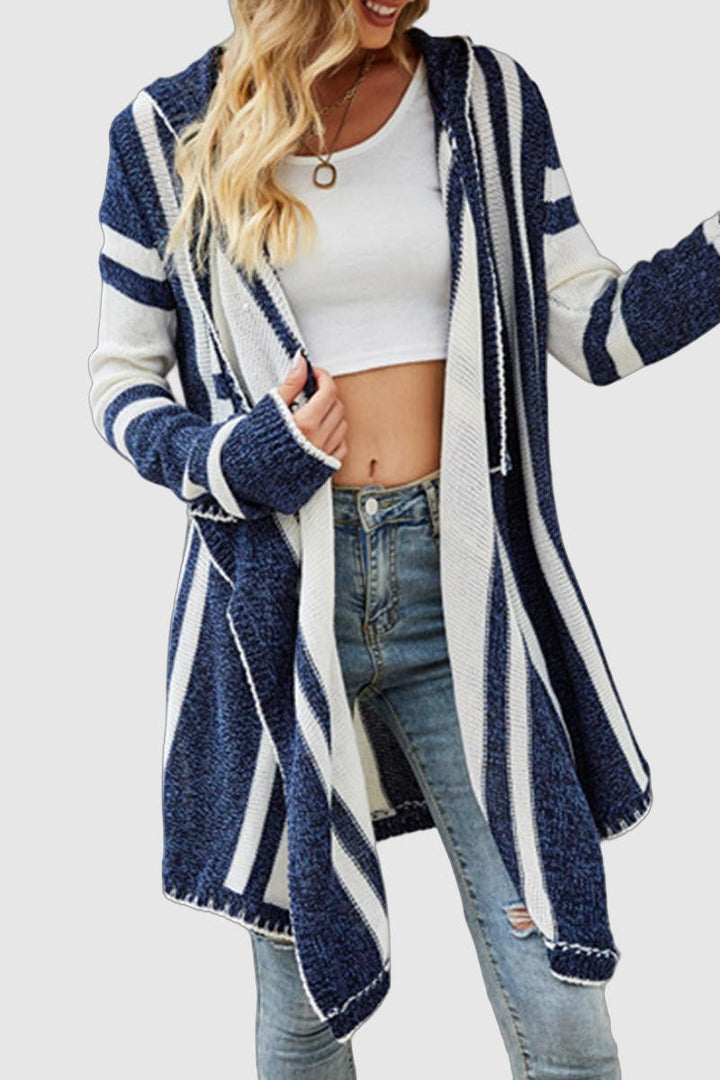 Greta - casual striped contrast hooded collar cardigans