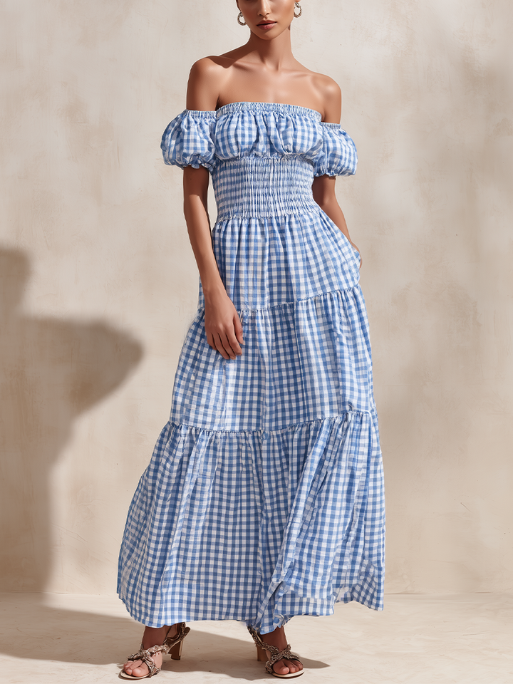 Women's Blue Gingham Off-the-Shoulder Maxi Dress With Puffed Sleeves & Tiered Skirt
