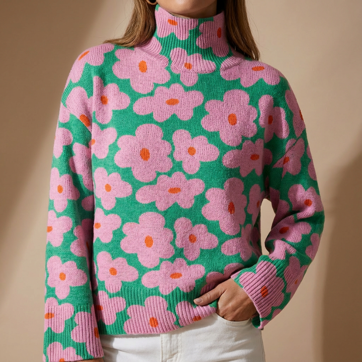 Aspen | Floral Roll Neck Knit Sweater for Women