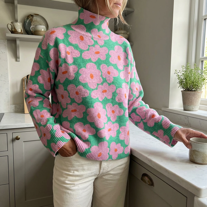 Aspen | Floral Roll Neck Knit Sweater for Women