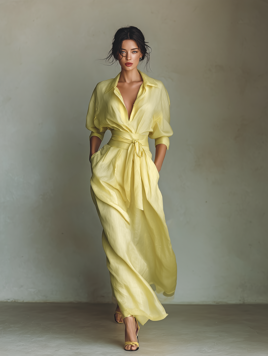 Women's Lemon Yellow Cotton And Linen Blend Maxi Shirt Dress With Tie Waist & Half Sleeves
