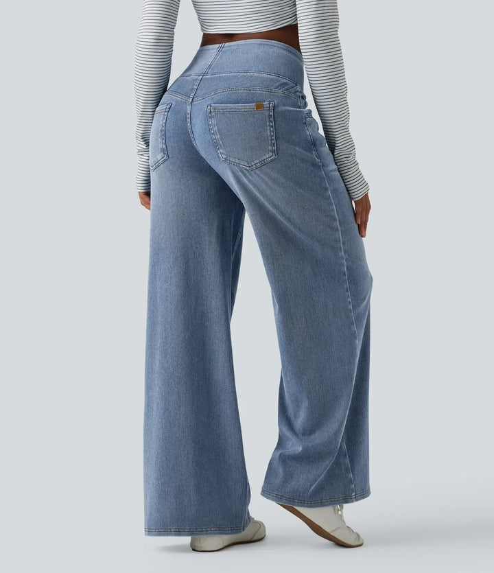 Velouré Flex™ Mid Rise Draped Washed Casual Baggy Wide Leg Jeans with Pockets