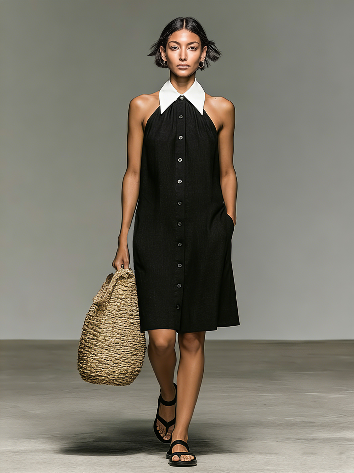 Women's Minimalist Linen Blend Color-blocked Shirt Collar Sleeveless Mini Dress