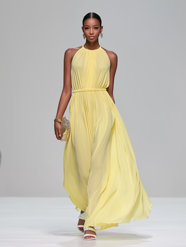 Elegant Light Yellow Chiffon Round Neck Sleeveless Long Dress For Women