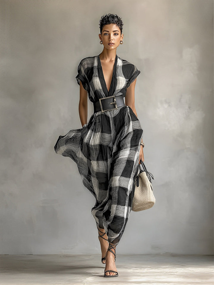 Women's Linen Blend Plaid V-neck Cap Sleeve Belt Maxi Dress