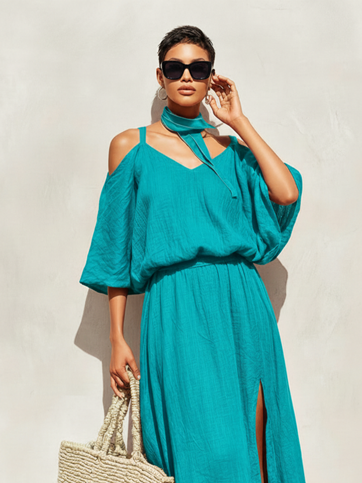 Women's Teal Linen Dress With Cold-Shoulder Sleeves & Side Slit, Timeless Boho-Resort Style Dress