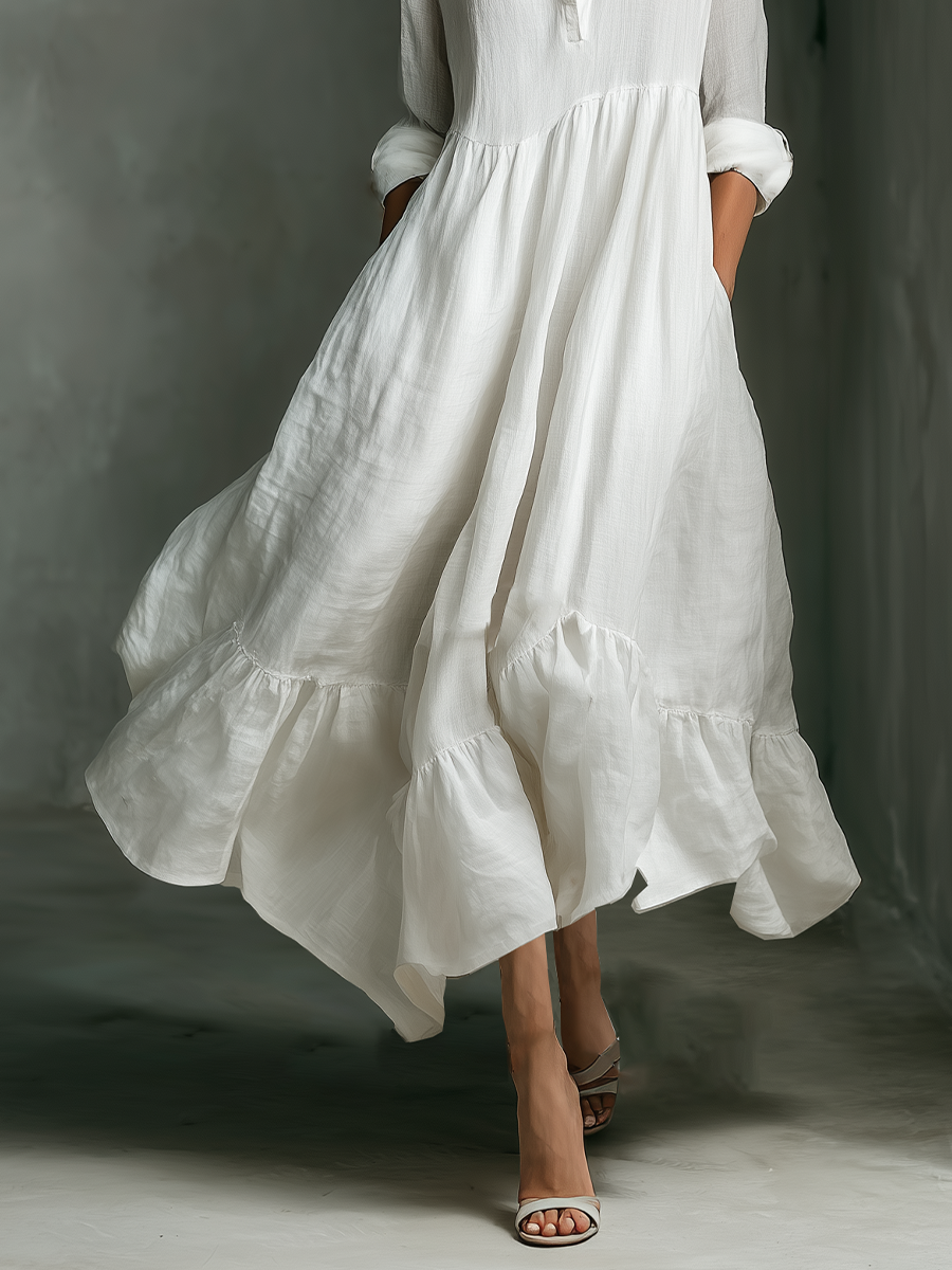Women's White Long-sleeved Ruffled Maxi Dress