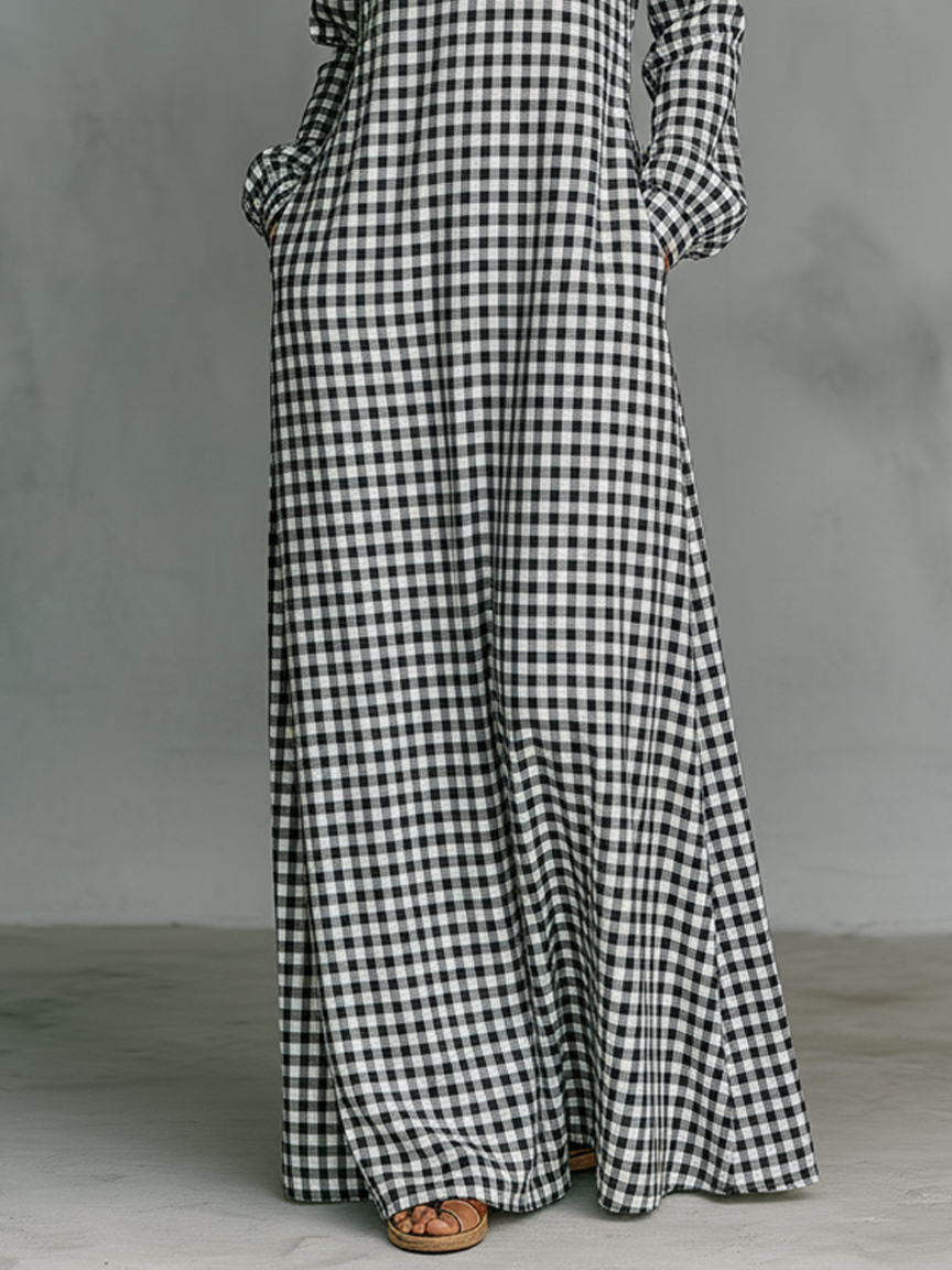 Women's Minimalist Cotton Plaid V-neck Long-sleeved Maxi Dress
