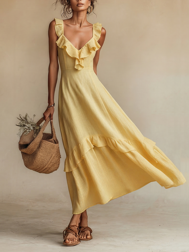 Women's Yellow Linen Dress With Ruffle V-Neck & Ruffled Hem, Timeless Boho-Resort Style Dress