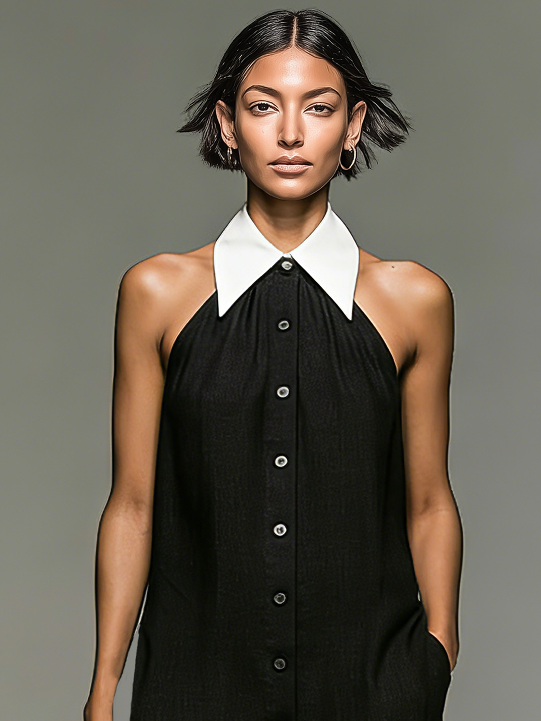 Women's Minimalist Linen Blend Color-blocked Shirt Collar Sleeveless Mini Dress